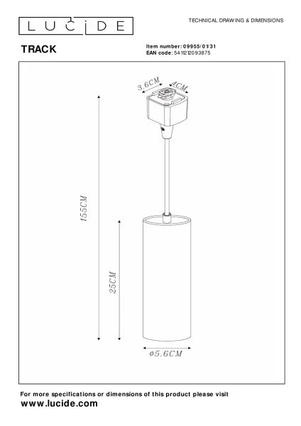 Lucide TRACK FLORIS Hanglamp - 1-fase Railsysteem / Railverlichting - 1xGU10 - Wit (Uitbreiding) - technisch